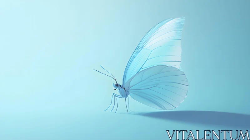Minimalist pastel blue butterfly with translucent wings on soft background.