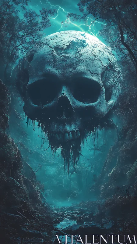 Colossal eroded skull sphere levitates above misted ravine forest