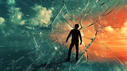 Silhouette breaching chromatic sky through fractured glass portal.