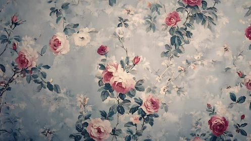 Vintage pink rose floral pattern on muted blue background.