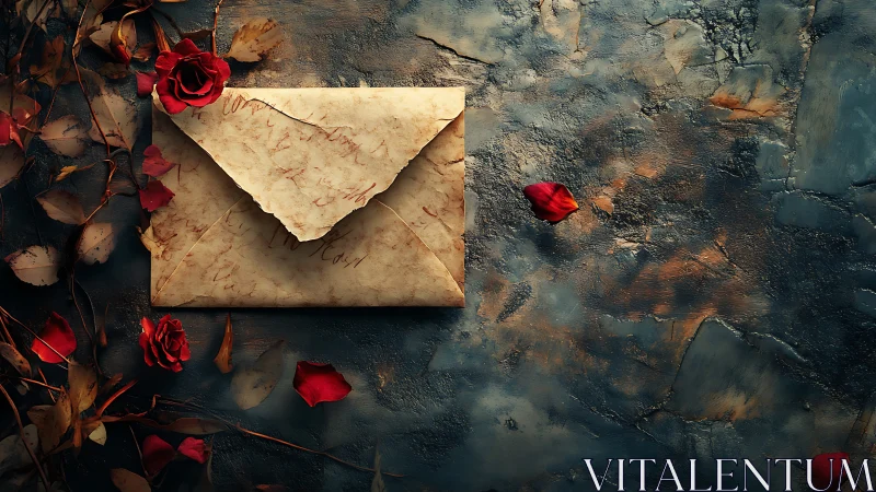 Vintage envelope and red roses on weathered dark surface