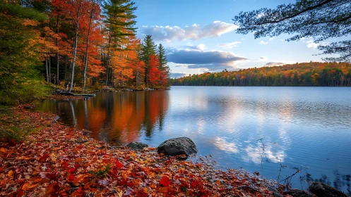 Autumn shoreline reflections on tranquil forest lake at dusk.