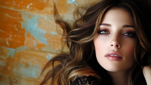 Close-up photorealistic portrait of woman on textured wall