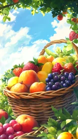 High-saturation wicker basket overflowing with mixed summer fruit