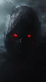 Dark hooded demon face with glowing red eyes in fog