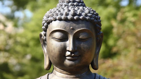 Bronze Buddha head statue outdoors in soft natural light.