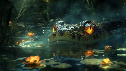 Snake head with glowing eyes emerging from still water