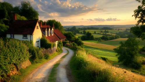 Sunlit country lane winding past cozy hillside cottages.