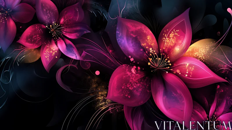 Neon blossoms glow against a dark abstract cosmic backdrop