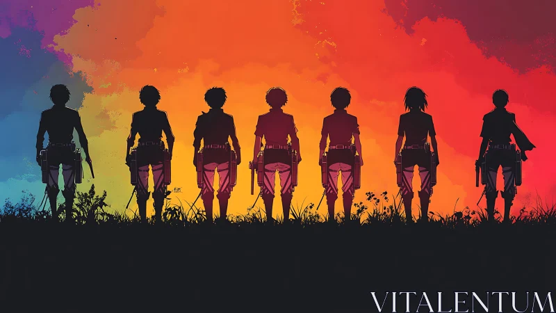 Anime soldier silhouettes against vivid sunset horizon.