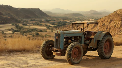 Rusty blue tractor overlooking sunlit terraced valley scene.