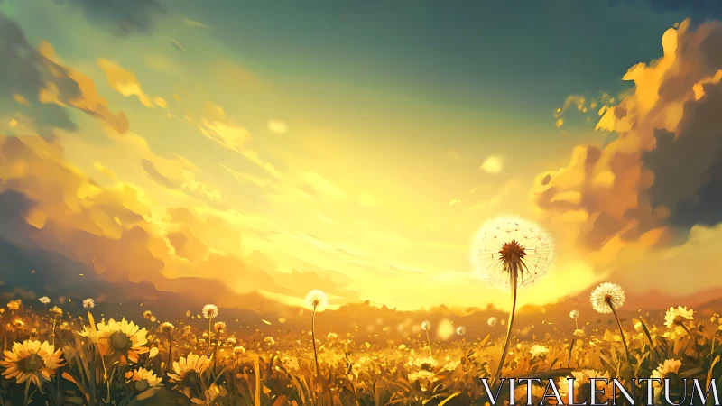 Dandelion seed heads in a yellow field under low sun sky.