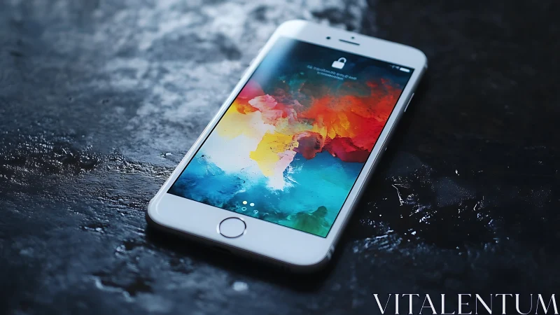 White iPhone displaying vibrant color gradient wallpaper on wet surface.