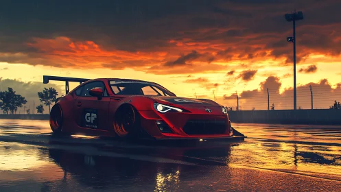 Widebody red race car reflects on wet track at sunset