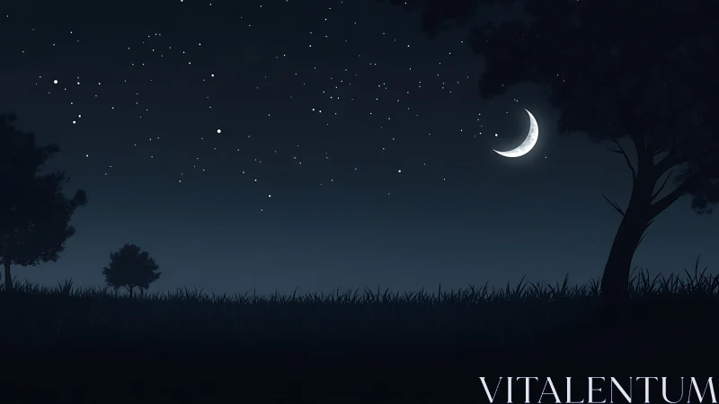 Crescent moon above grassy horizon under dense starfield at night