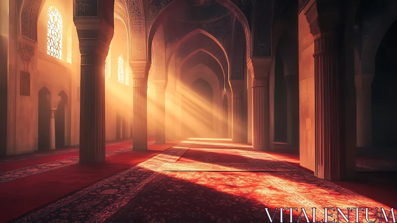 Sunlit mosque interior with Persian arches and red prayer carpet.