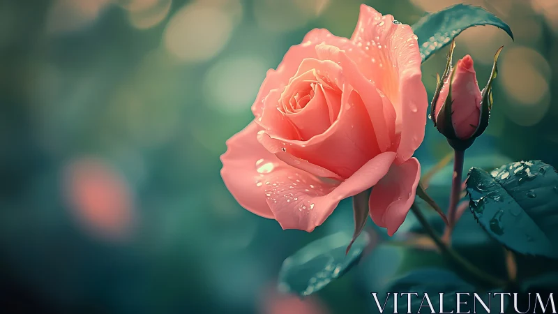 Coral-Hued Rose Bloom with Dew Droplets Against Teal Bokeh Background
