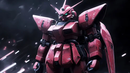 Scarred crimson mecha standing in storm of drifting embers.