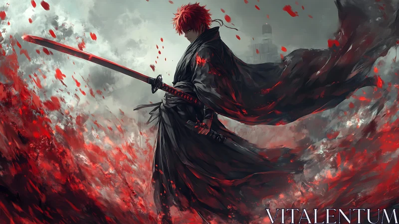Red haired swordsman stands within swirling crimson storm