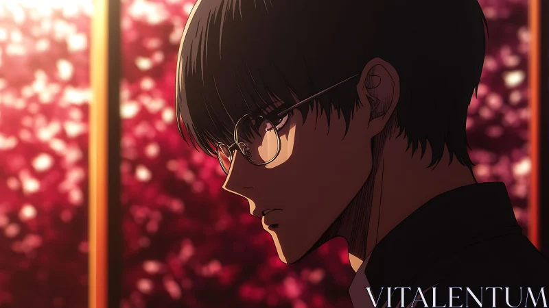 Side-lit anime profile with reflective lenses and bokeh field.