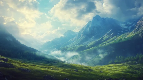 Sunlit alpine valley beneath towering blue mountains.