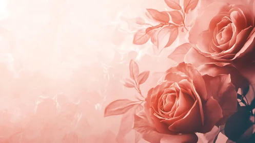 Coral Pink Roses with Soft-Focus Botanical Leaves in Luminous Backlight