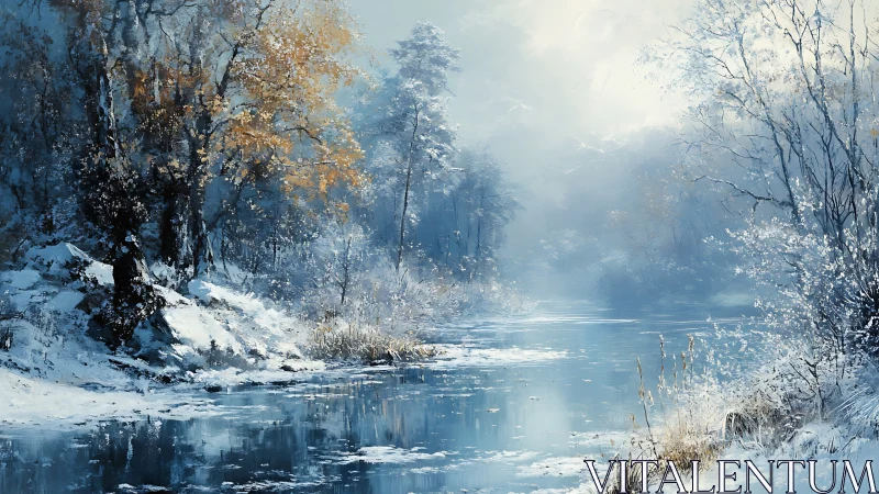 Winter river hushes the forest in pale blue silence