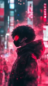 Masked figure stands in neon city fog under red lighting