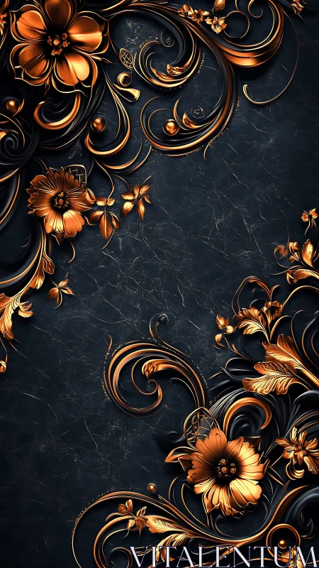 Baroque copper florals curling over dark marble field.