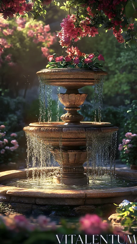 Sunlit stone fountain cascades through blooming garden roses