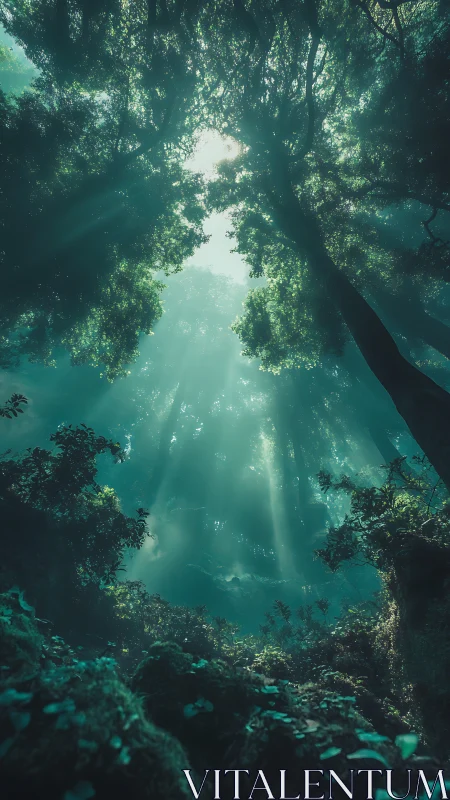 Upward view through dense forest canopy with light penetration