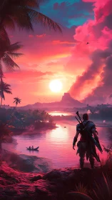 Armored figure overlooks vivid tropical river sunset scene
