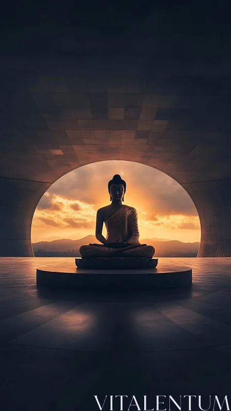 Buddha statue silhouette in circular hall at sunset light.