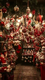 Dense Christmas ornament shop packed with red decor.