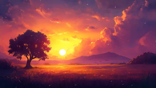 Golden hour meadow glow under a dream-bright sunset sky.