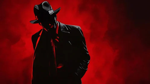 Silhouetted figure in fedora against red atmospheric backdrop.