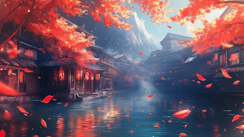 Red maple riverside village glows in tranquil twilight calm.