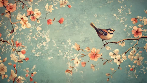 Songbird rests on blooming branch under textured sky.