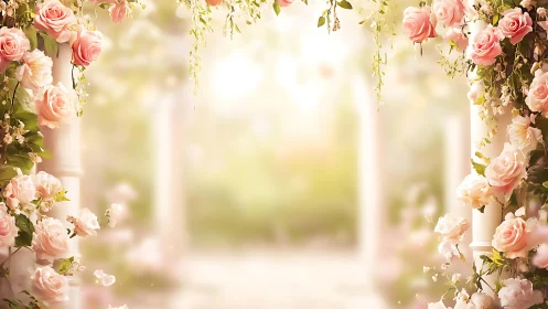 Soft-focus rose archway frames luminous garden bokeh field