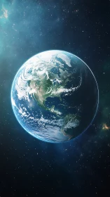 Planet Earth glows in deep space with vivid blue atmosphere.