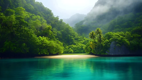Tropical Lagoon Cove Surrounded by Verdant Limestone Cliffs.