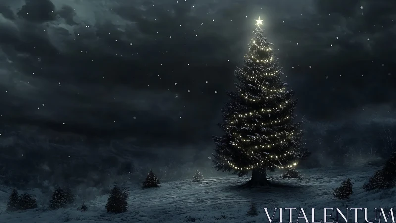 Photorealistic nocturnal Christmas tree under snowfall glow.