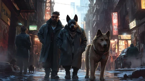 Man and humanoid dog patrol neon city alley at night.