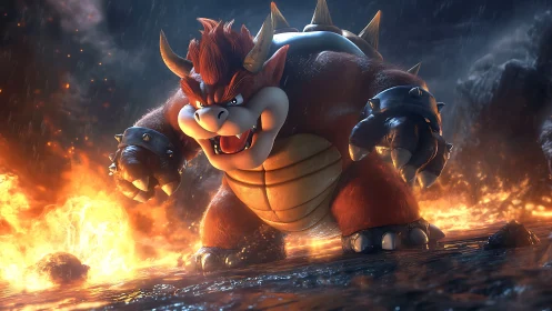 Armored lava beast advances through cinematic inferno lighting