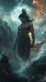 Mythic warrior figure in stormy moonlit fantasy scene.