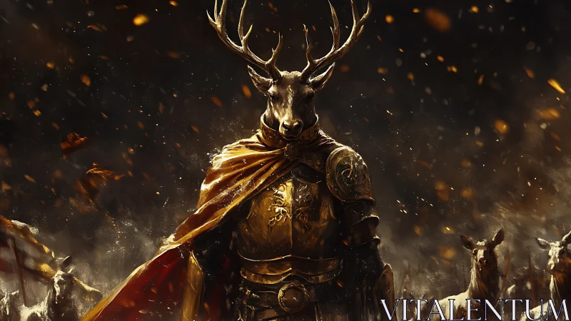 Stag knight warlord in ember storm with golden armor.