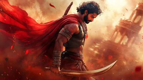 Warrior in crimson storm with curved blade and ruins behind.