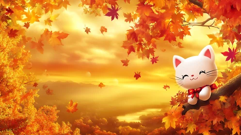 Autumn's Charm: A Lucky Cat Among Falling Leaves.