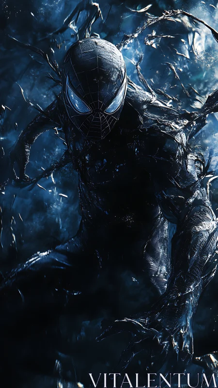 Black suited superhero in fluid dark environment at night.