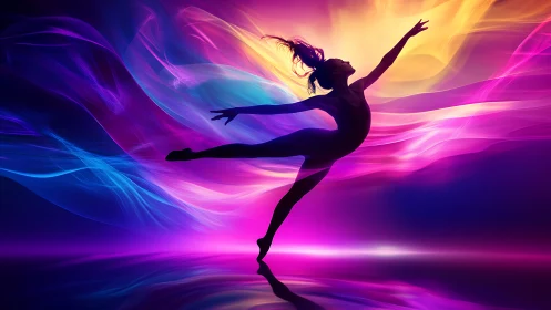 Silhouette dancer leaping through neon light trails in motion.